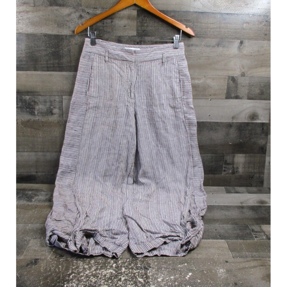 Ett Twa Anthropologie Pants Womens 4P Gray White Stripe Linen Wide Leg Tie Hem